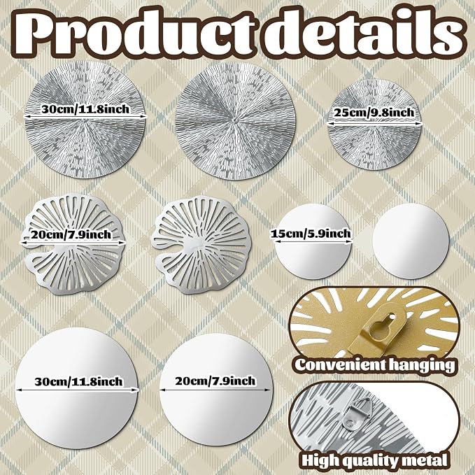Hicarer 9 Pcs Circle Mirrors Metal Home Decor Wall Decorative Modern Round Accent Wall Art Sculpture Hanging Decorations for Living Room Office Bedroom Kitchen(Silver) - Image 3
