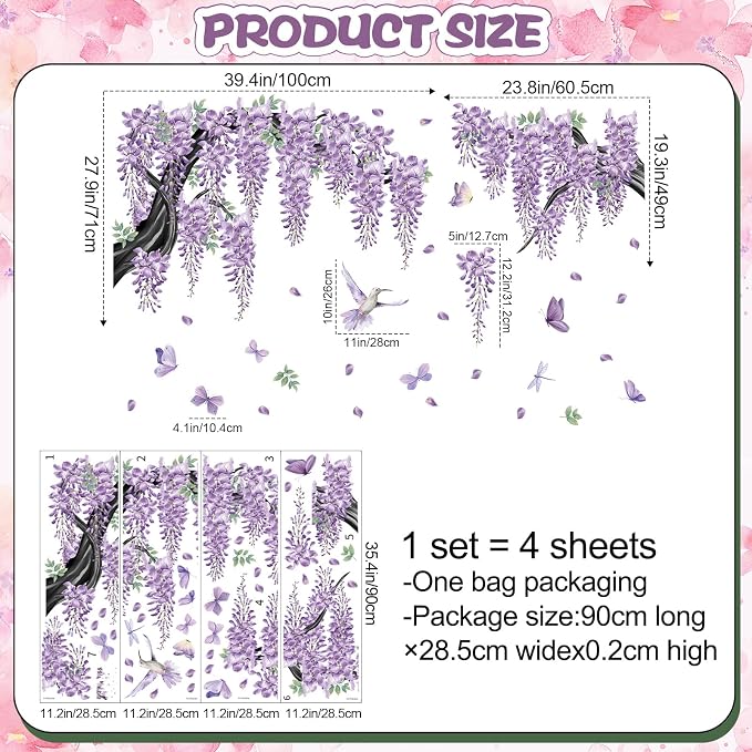 Amaonm 65x42 Inch Large Watercolor Black Tree Branch Wall Decals Peel & Stick Wall Stickers with Purple Flowers Vines, Butterflies & Birds, DIY Removable Wall Art for Living Room, Nursery Decor - Image 2