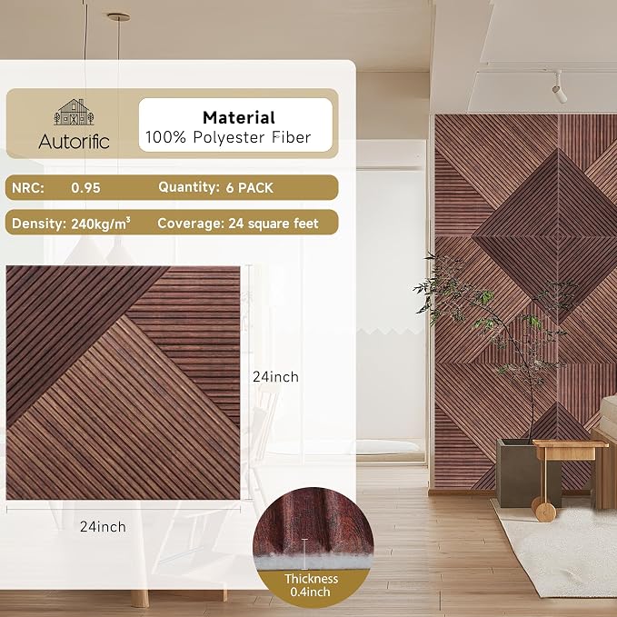 Acoustic Wall Panels,6 Pack,23.6"x23.6",Red Sandalwood | Peel and Stick Wall Panels,Decorative 3D UV Printing with Wood Print,High-Density 100% Polyester Fiber Sound Absorbing Panels - Image 2
