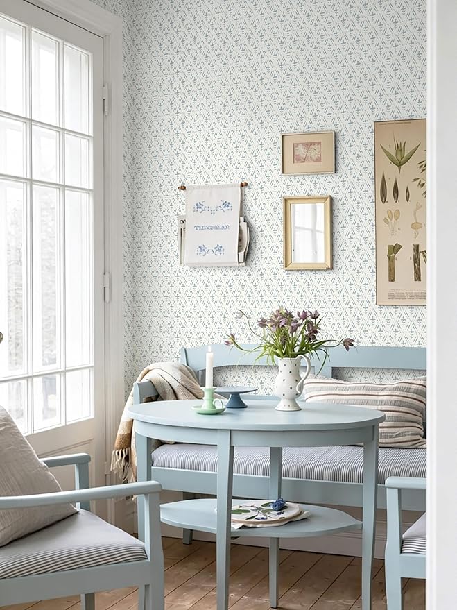 Heroad Blue Peel and Stick Wallpaper Farmhouse Tiny Floral Wall Paper 17.3''x196'' Vintage Rustic Cottage Contact Paper Geometric Self Adhesive Removable Wallpaper for Bedroom Kitchen Cabinet Decor - Image 3