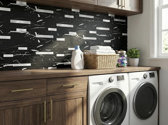 Yipscazo 10 Sheets Peel and Stick Stone Metal Tile Backsplash, Stick on Tiles for Backsplash Kitchen, Bathroom, Laundry Room, Camper, Fireplace (12'' X 12'', Pure Black) - Image 2