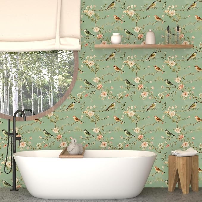 Laatse Vintage Floral Bird Wallpaper Peel and Stick 17.5" × 118", Green | Self Adhesive/Removable/Waterproof/Thick Vinyl Contact Paper for Bathroom Bedroom Shelf Cabinet Drawer,Prepasted,Easy Peel - Image 5