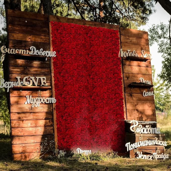 BLOSMON Red Flower Wall Backdrop for Party Decor, 6 Pcs, 24 x 16 Inches | Easy to Use, Artificial Hydrangea Floral Panels for Wedding, Bridal Shower Decorations, Fake Hanging Silk Flower Backdrop - Image 7