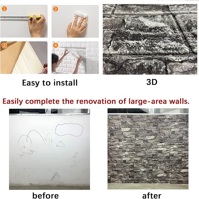 20PCS 3D Wall Panels Peel and Stick Foam 3D Brick Wallpaper Peel and Stick Black Faux Stone Wall Panel Self-Adhesive Wallpaper (20PCS, Black) - Image 6