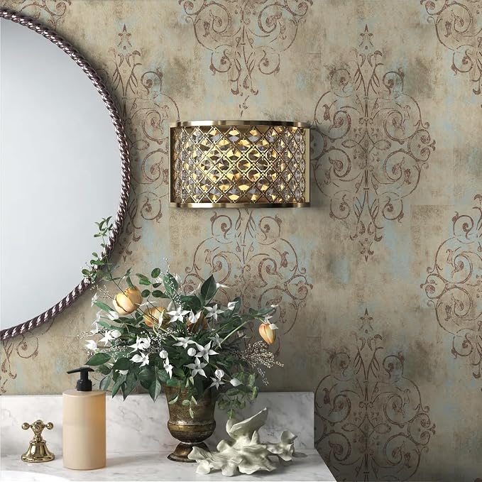 HAOKHOME Vintage Damask Peel and Stick Wallpaper for Bedroom 17.3in x32.8ft | Textured Removable Self Adhesive Wall Paper French Country Victorian Traditional Farmhouse Elegant Mist Blue Brown Bathroom - Image 2