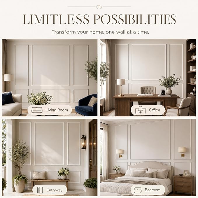 Pre-Cut Wall Molding Kit: Ready to Assemble Paintable Wainscoting Panels | Alternative to Peel-and-Stick Wall Panels,Accent Wall Interior Wall Decor for Living Room, Bedroom, Entryway White 24 PCS - Image 7