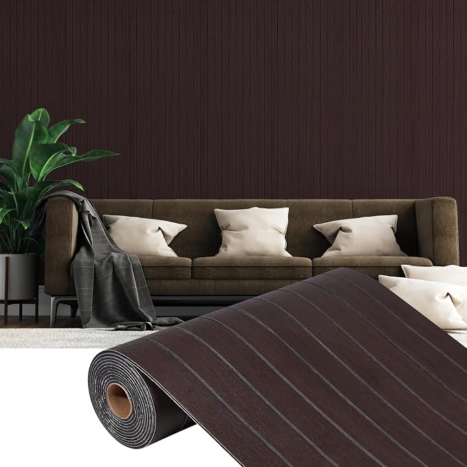 3D Faux Wood Slat Wall Panel – Peel and Stick Self Adhesive Soundproof Foam Board for Interior Wall, Ceiling, Home Theater Decor Dark Brown 15.7"x236" by Horryhaushomedecoration