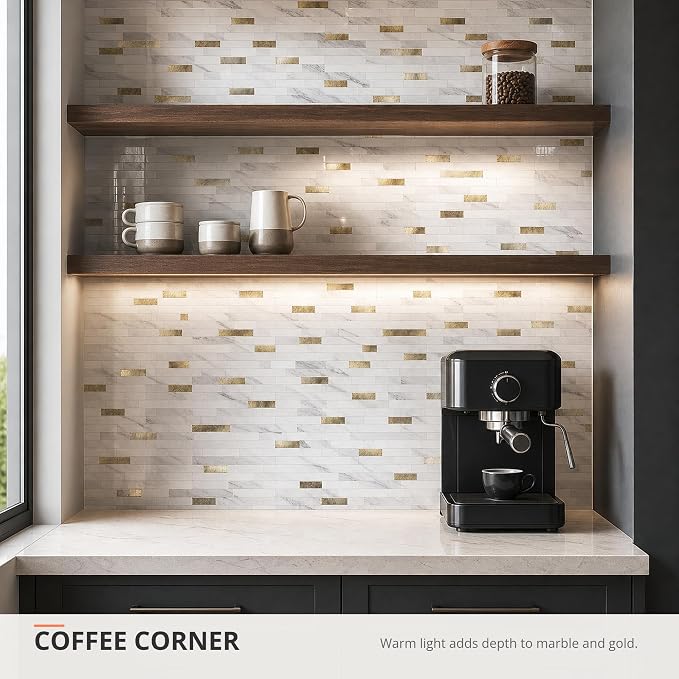 StyloVue 20 Sheets Peel and Stick Backsplash for Kitchen, Sparkle White Marble Look with Gold Metal, Glossy Finish, Stick on Tile for Kitchen Backsplash, RV, Fireplace - Image 2
