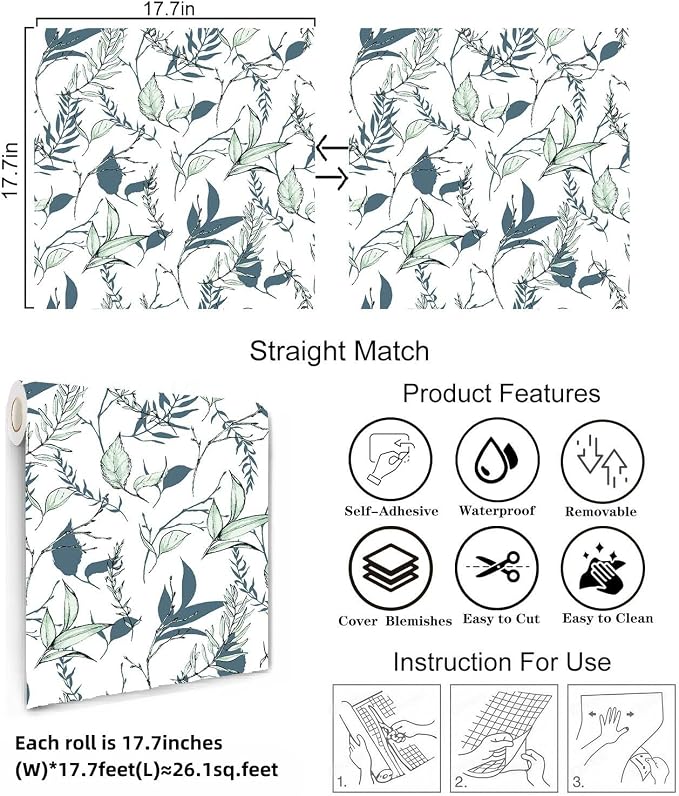 Sage Green and Blue Leaf Peel and Stick Wallpaper 17.7in x 213in | Modern self-adhesive removable self adhesive waterproof wall covering for bathroom and accent walls - Image 4