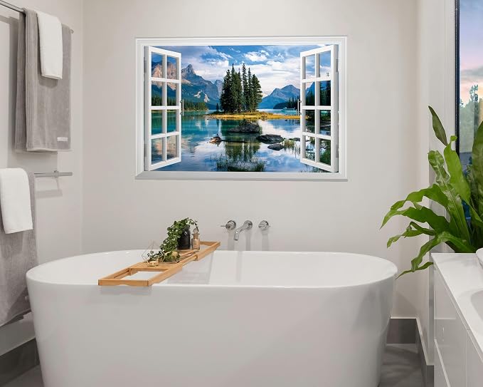FLFK Fake Window Wall Mural - Trees in The Lake Faux Window Wall Sticker for Wall Decor, Peel and Stick Wall Decals,48"x32",Set of 2 Sheets - Image 3