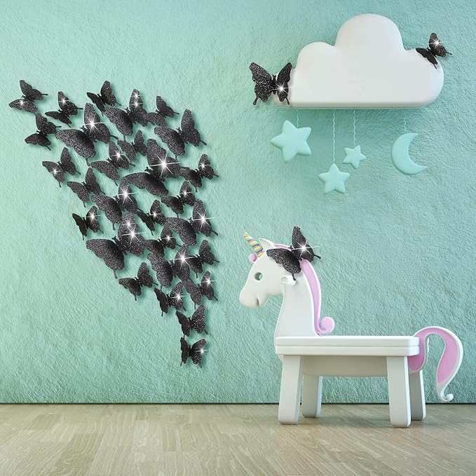 BBTO 48 Pcs 3D Butterfly Mirror Wall Decor,Glitter Black | Butterfly Stickers,3 Sizes,for Birthday Party Cake,Room Nursery Bathroom Wall Decor,Removable Peel Stick,Reflective - Image 7