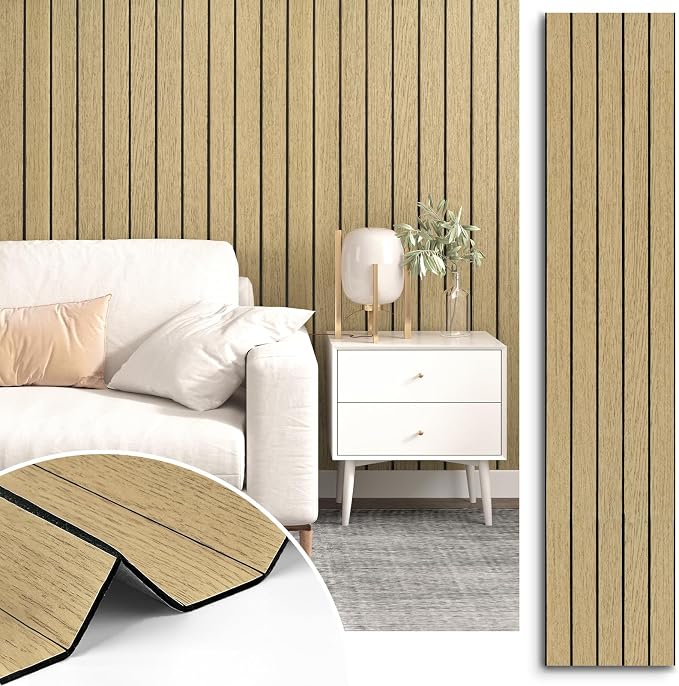 Oak Brown Wood Wall Panels Peel and Stick Fluted Slat Wall Paneling Flexible Acoustic Wood Walls Panels 11.8"x197" Self Adhesive Natural Slat Wooden Panel Wallpaper for Living Room Basement by STICKEEP