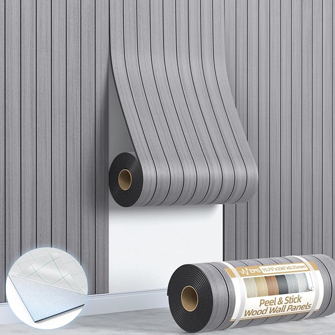 Peel and Stick Wood Slat Wall Panels, 3D PVC Faux Gray Wood Grain Wallpaper | 15.75"x236" Soundproof Wall Panels with Self Adhesive, Wall Coverning for Accent Walls Ceiling Bedroom Bathroom Kitchen Decor by NEPIS