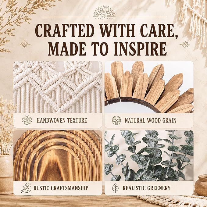 Novabright 9 Pcs Boho Decor Set Rustic Wood Boho Aesthetic Mirror Wooden Wall Vase Macrame Woven Wall Hanging 6 Pcs Eucalyptus Stems for Living Room Bedroom Home Party Wedding Decoration - Image 5