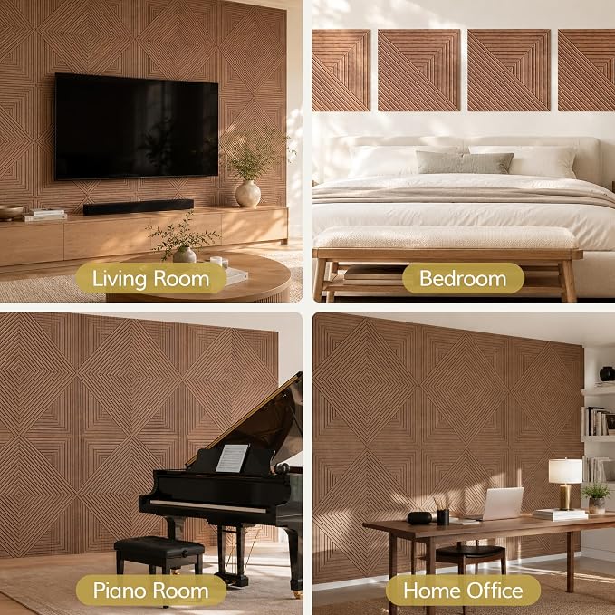 TONOR Acoustic Wall Panels Peel and Stick, 16 Pack 23.6''x23.6''-62 sq.ft. High-Density Acoustic Wood Panels Alternative. Soundproof Wall Panels for Interior Wall Decor, Home, Bedroom, Walnut - Image 8