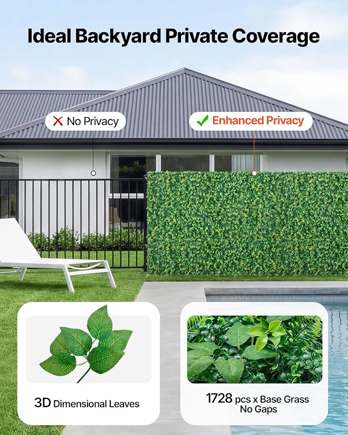 VEVOR Artificial Plant Wall, 4 PCS, Each Panel 2 x 8 ft Artificial Boxwood Panels, Sun Protection Greenery Backdrop Privacy Hedge Fence, Fake Grass Screen for Wedding, Indoor,Outdoor Garden Mixed Leaf - Image 3
