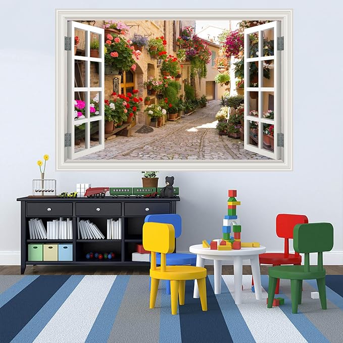 Fake Window Wall Decals Spring Italy Rose Alley Flower Wall Art Sticker | ｜Faux Window Natural Scenery Landscape Mural ｜ Stick and Peel Wall Decal｜Room Bedroom Office Decor｜Large Murals 66"x48" - Image 6