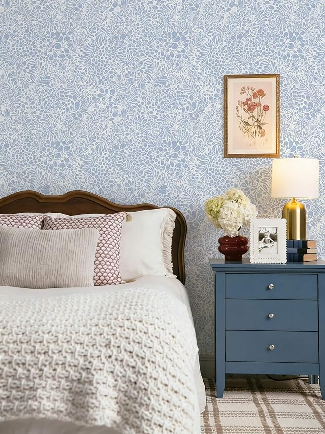 Heroad Light Blue Floral Peel Stick Wallpaper Contact Paper 17.3''x393'' | Boho Modern Wall Paper for Bedroom Bathroom,Removable Self Adhesive Wallpaper for Kitchen Cabinet,Waterproof Decor Vinyl Roll - Image 4