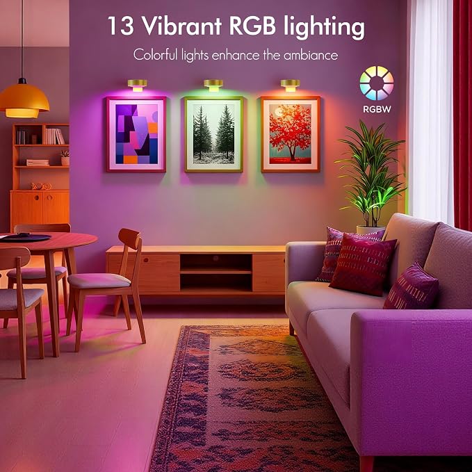 Picture Lights for Wall, Rechargeable Battery Wireless Poster Lights, Gold | LED Magnetic Painting Light with Remote Dimmable, Timer＆13 RGB Colors, Wall Decor Puck Light for Frame Art Display, 3 Pack - Image 2