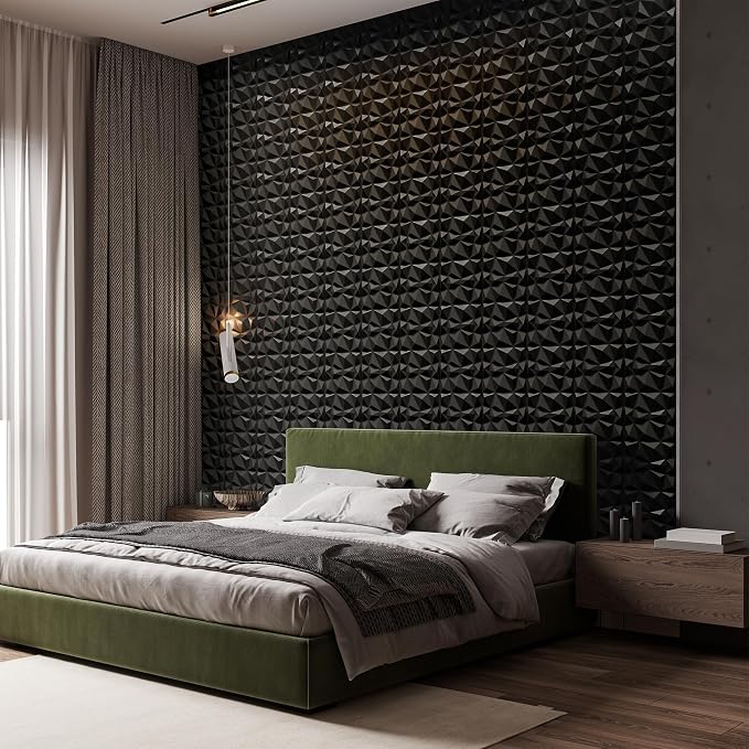 INMOZATA 3D Wall Panels, Diamond Textured PVC Accent Wall Panels | 33-Pack 12" x 12" PVC Decorative Wall Panels for Interior Wall Decor, TV Gaming Living Room, Bedroom Background, Black - Image 7