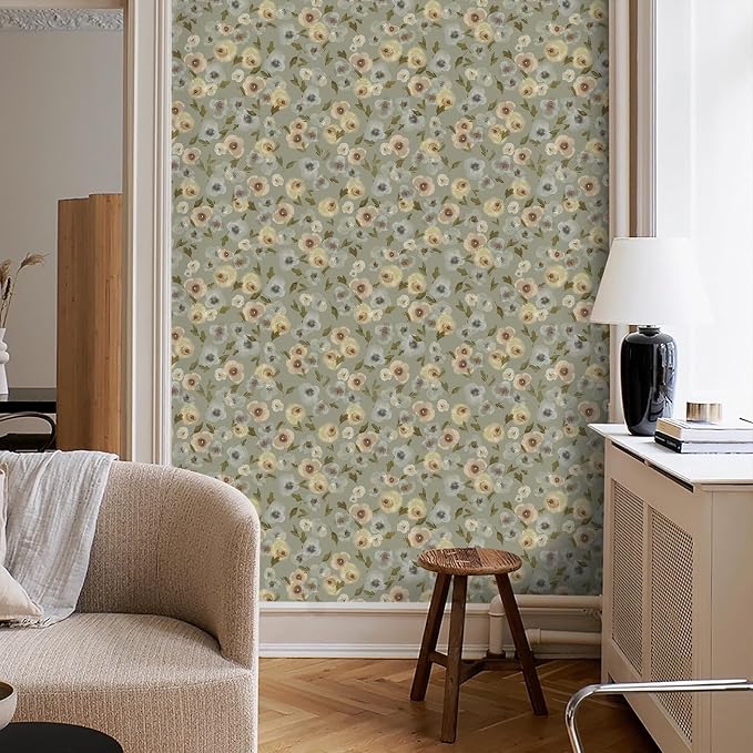 Khaki Watercolor Floral Peel and Stick Wallpaper, 17.3" x 118" Soft Pastel Flower Removable Vinyl Wallpaper, Waterproof Self-Adhesive Vintage Floral Contact Paper for Nursery Bedroom Cabinets - Image 4