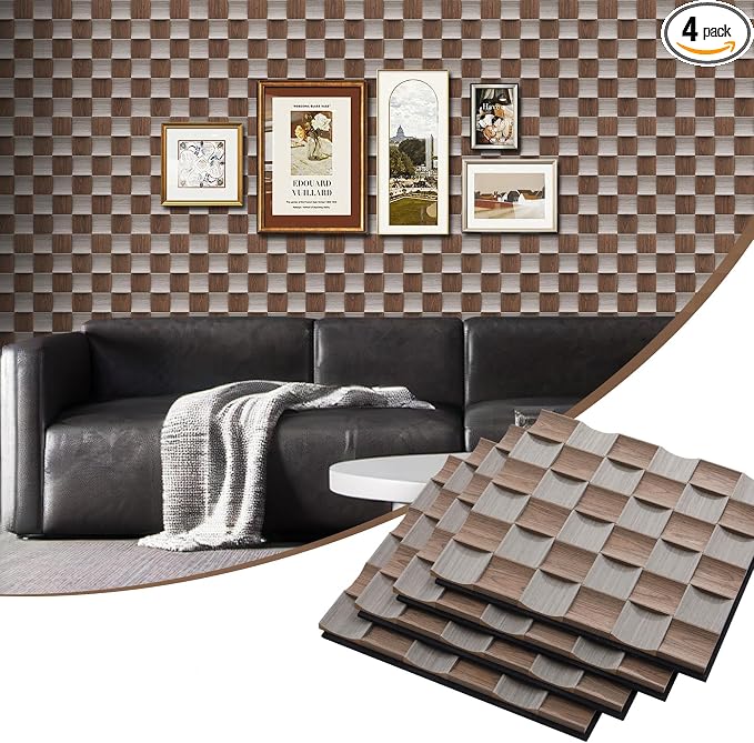 Acoustic Wood Slat Panels,23.6"x23.6",3D Concave Convex,4 Pcs | Fluted Wood Panel Sound Absorbing Panel for Bedroom, Office, Interior Decor, (15.5ft²), Black Walnut Wood+Silver Oak by TREKATLAUTO