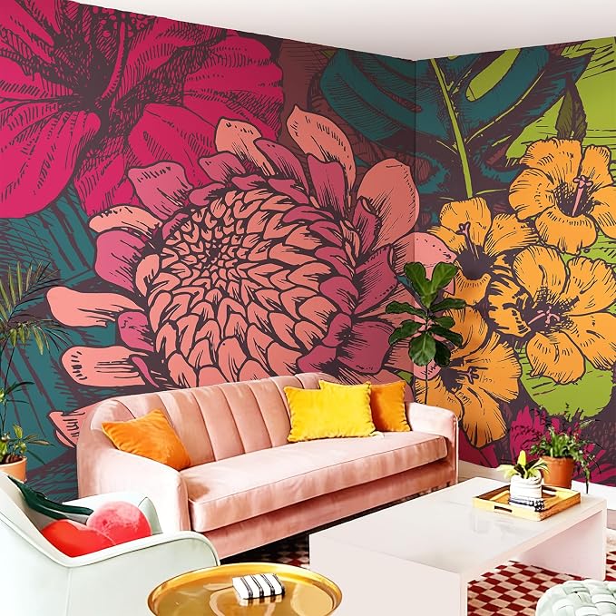Floral Peel and Stick Wall Mural, Leather Textured Vintage Self-Adhesive Wallpaper for Bedroom Living Room Background Wall Decor, Vintage Flat Floral, Bright, 137.24'' x 98.03'' by Flortlias