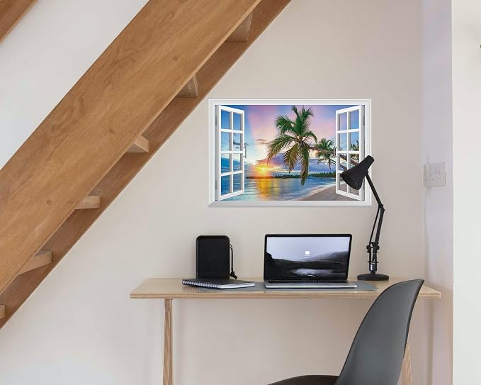 FLFK Fake Window Wall Sticker - Sunrise Over the Sea Faux Window Wall Mural for Wall Decor, Stick and Peel Wall Decals,24"x16" - Image 5