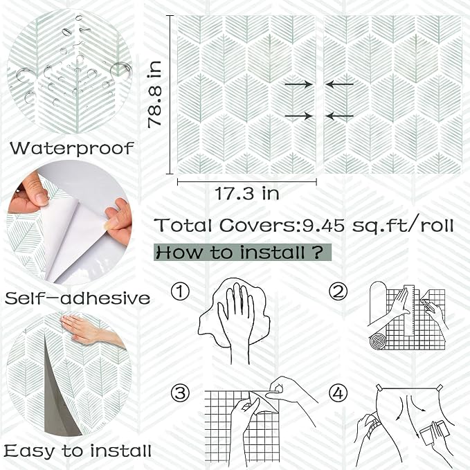 OSECAGE Modern Peel and Stick Wallpaper Boho Contact Paper 17.3''×78.8'' | Geometric Self Adhesive Wallpaper Removable White and Green Wall Paper Decorative for Bedroom Bathroom Cabinets Decor Vinyl - Image 3