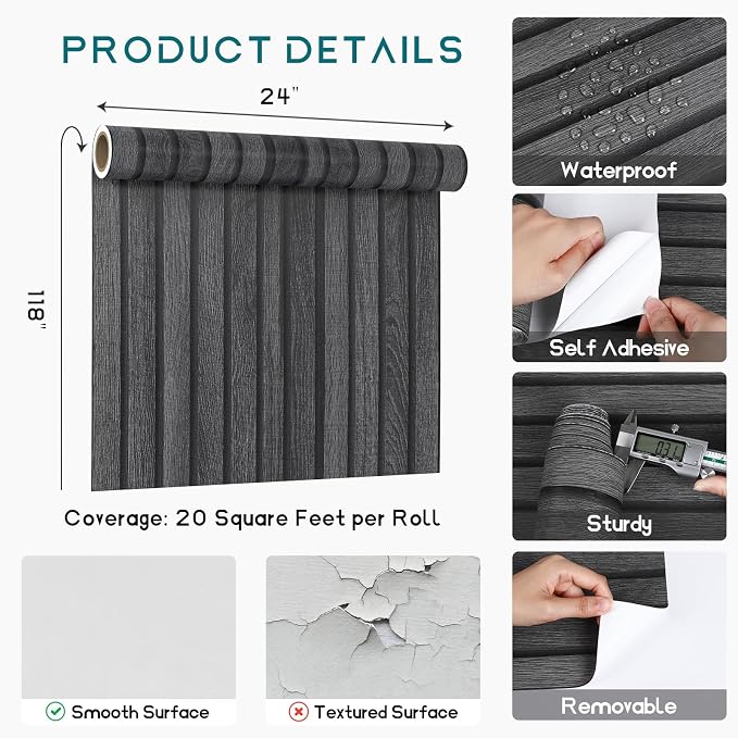 VEELIKE Charcoal Black Wood Slat Peel and Stick Wallpaper 24''x118'' Modern Wood Panel Look Contact Paper Waterproof Self Adhesive Slat Vinyl Wall Covering for Living Room Bedroom Office Accent Walls - Image 9