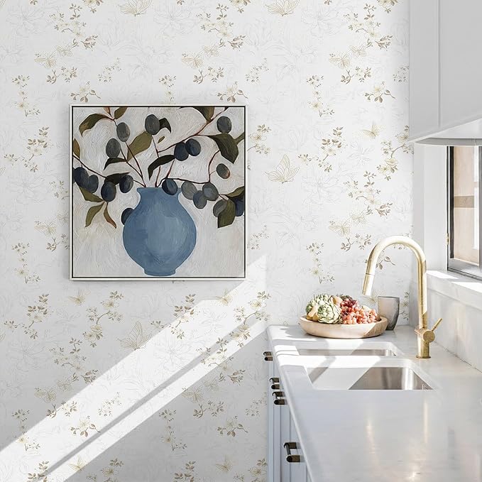 Ismoon 17.3"x393"Peel and Stick Wallpaper Boho Vintage Floral Wallpaper Beige/Brown Butterfly Contact Paper for Cabinets Removable Self-Adhesive Wall Paper Bedroom Covering Wall Decorative Vinyl - Image 4