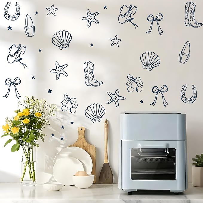 Seaside Cowgirl Wall Decals, Peel and Stick Under the Sea Coastal Cowgirl Mural, Western Beach Wall Stickers for Kids, Boys and Girls Room & Nursery Decor (Dark Blue Cowgirl Bow Wall Decals) by Unknown