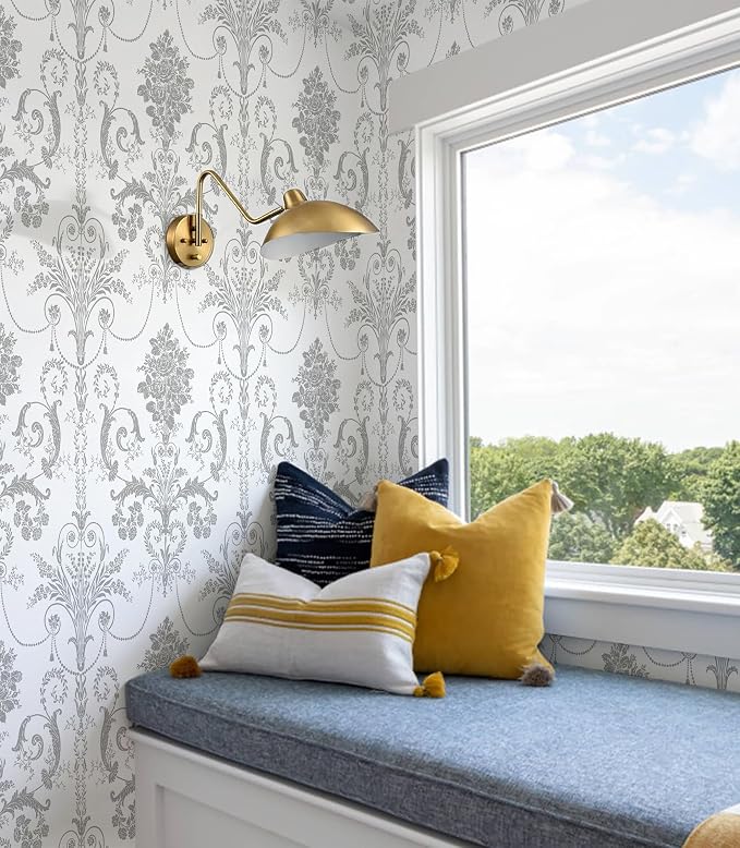 Silver Gray Removable Wallpaper Damascus Floral Peel and Stick Wallpaper | 17.3" X 197" Boho Grey Flower Contact Paper Self Adhesive Wallpaper Damask Floral Decorative Wallpaper for Bedroom Covering - Image 5