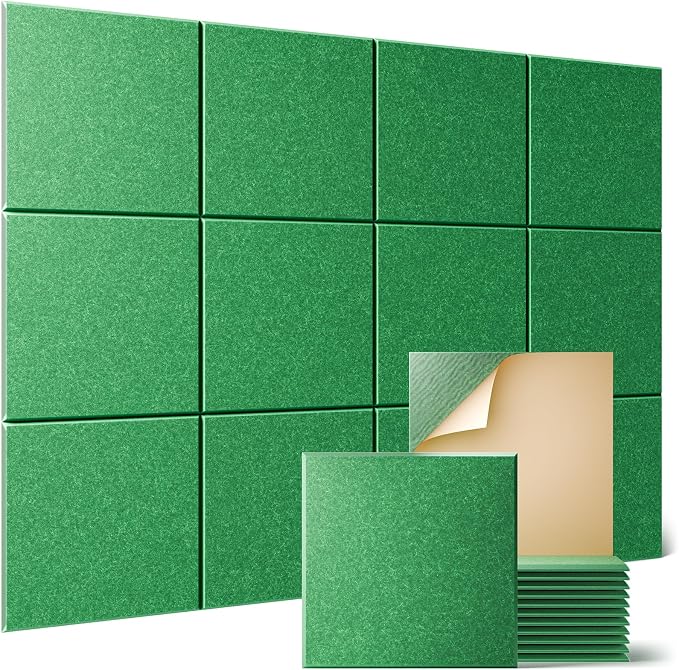 Sonicism 12 Pack Acoustic Wall Panels with Self-Adhesive, 12" X 12" X 0.4" Sound Proof Foam Panels, Decorative Soundproof Wall Panels, Sound Proof Absorbing Tiles for Home & Offices, Forest Green by Sonicism
