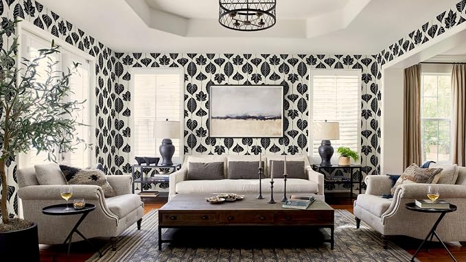 Dimoon Modern Peel and Stick Wallpaper Black and Cream Leaf Contact Paper Botanical Wallpaper Vintage Renter Friendly Removable Geometric Wall Paper for Bedroom Kitchen Textured 17.3''x78.7'' - Image 8
