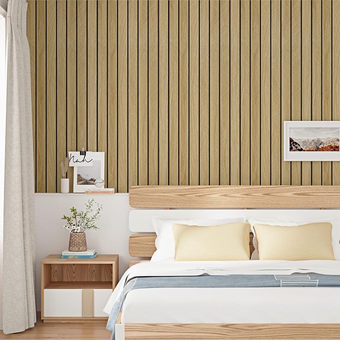 Brown Wood Wall Panels Self Adhesive 3D Peel and Stick Wood Panels | Removable Acoustic Wall Paneling Faux Wooden Stick on Wall Panels for Bedroom Living Room Panel Slat Wallpaper 11.8 x 118 in - Image 2