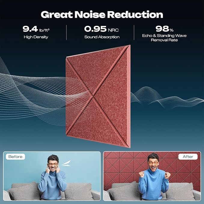 Sonicism 12 Pack X-Lined Acoustic Panels with Self-Adhesive, 12"X 12"X 0.4" Sound Proof Foam Panels, Decorative Soundproof Wall Panels, Sound Absorbing Tile for Home & Offices, Red - Image 3