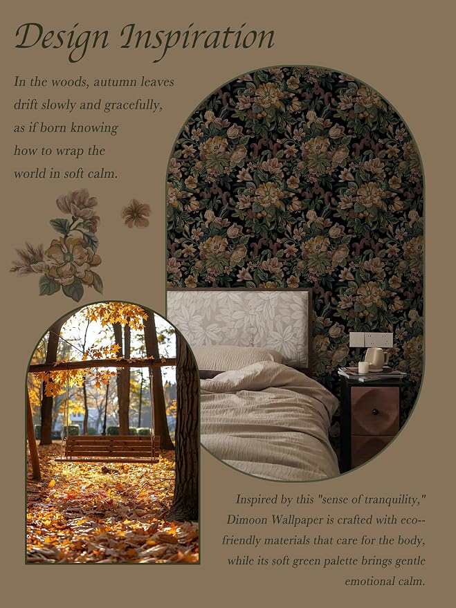 Dimoon Vintage Wallpaper Peel and Stick Archival Dark Green Floral Wallpaper 17.3"x78.7"Flower Leaf Retro Contact Paper for Bedroom Thicken Waterproof Self Adhesive Wall Paper Removable Vinyl Roll - Image 4