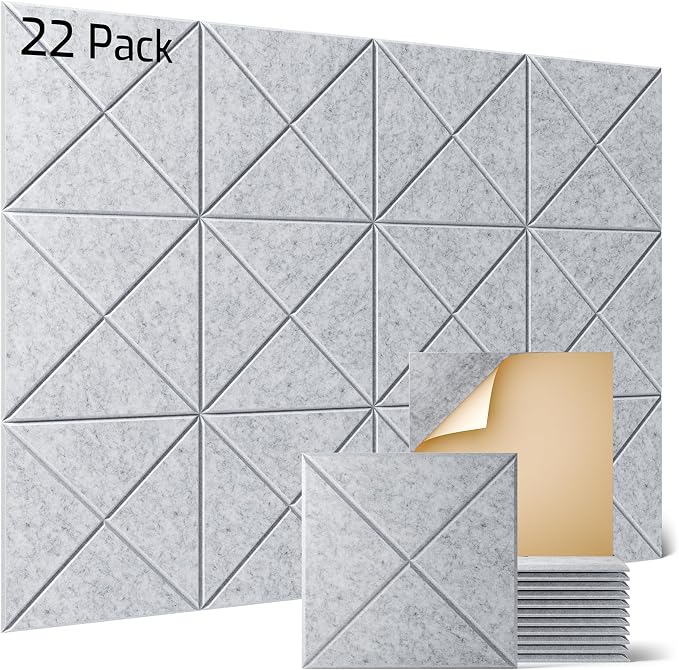 Sonicism 22 Pack X-Lined Acoustic Panels with Self-Adhesive, 12"X 12"X 0.4" Sound Proof Foam Panels, Decorative Soundproof Wall Panels, Sound Absorbing Tile for Home & Offices, Silver Gray by Sonicism