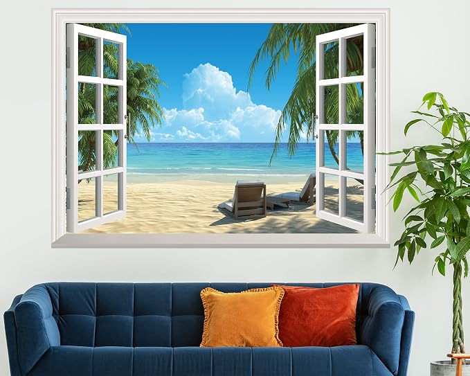 FLFK Fake Window Wall Sticker - Summer Beach Faux Window Wall Mural for Wall Decor, Stick and Peel Wall Decals,48"x32",Set of 2 Sheets - Image 2