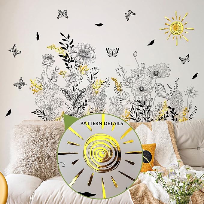 Black Floral Wall Decals with Gold Accents for Living Room Decor - Image 7