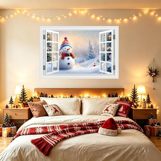 Fake Window Wall Decal - Merry Christmas Snowman Conifer Snow Scene Sticker | ｜Faux Window Merry Christmas Wall Art Mural ｜ Stick and Peel Wall Decals｜for Xmas Room Bedroom Office Picture Decor｜24"x16" - Image 3