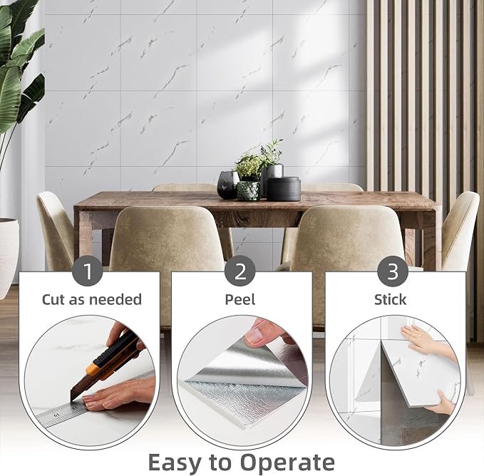 Vieshful 20pcs Peel and Stick Backsplash Tile，12"x12" Self Adhesive Marble Tile for Wall, PVC Waterproof Shower Wall Panels, Back Splash Stick on Tiles for Kitchen Bathroom Living Room (Not Real Tile) - Image 7