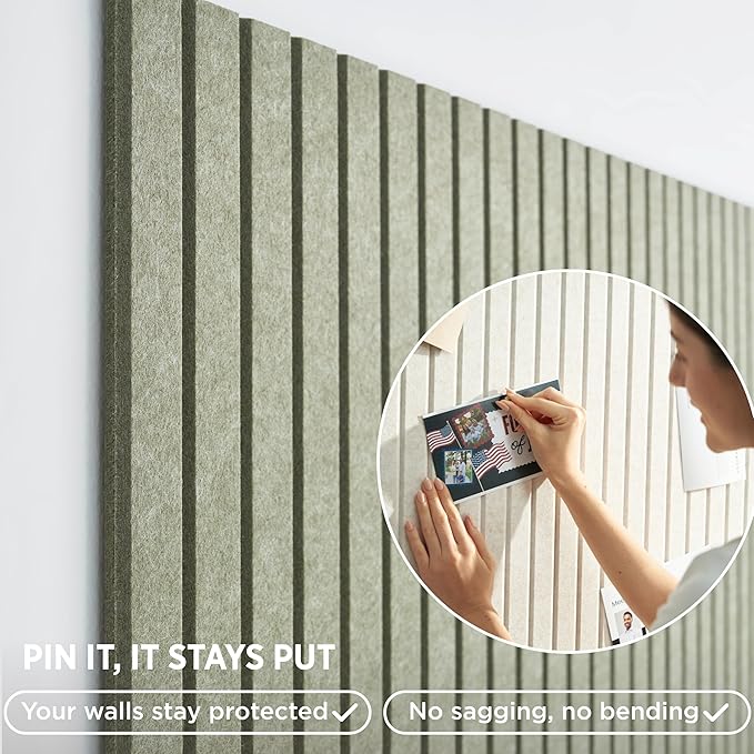 VIVELDA Felt Bulletin Board Tiles 48"x36" 12-Pack, Cork Board Alternative, OEKO-TEX Certified, NRC 0.95 Acoustic Wall Panels, Damage-Free Adhesive, Slatted Design, Home Office, Classroom (Khaki Green) - Image 3