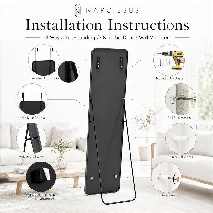 NARCISSUS Full Length Mirror 57x16 Inch, Over The Door Mirror with Stand, Wall Mounted or Freestanding/Door Hanging Full Body, Aluminum Alloy Frame, Black - Image 7