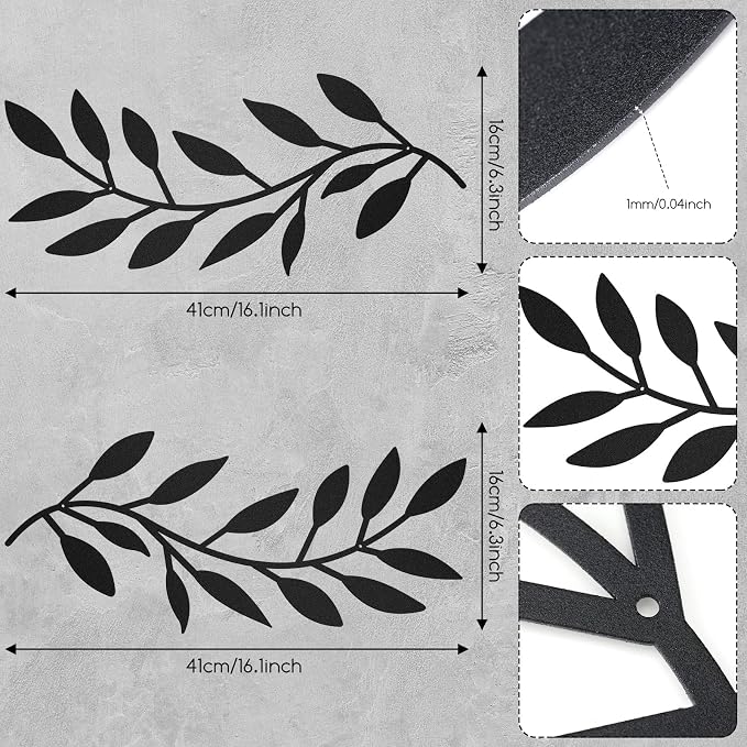 Zhengmy 2 Pcs Metal Tree Leaf Wall Art Vine Olive Branch Decor,Black | Olive Branch Metal Decor for Living Room Hallway, Symmetrical Leaf Pair for Doorway Entryway, Lightweight Hanging Art Design - Image 2