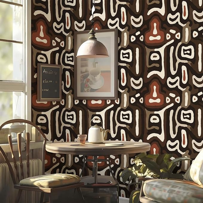 African Boho Abstract Geometric Tribal Swirl Peel and Stick Wallpaper Self Adhesive 17.72" x 119.12'' Brown Curved Line Wall Paper Renter Friendly Removable Waterproof for Living Room Bedroom - Image 2