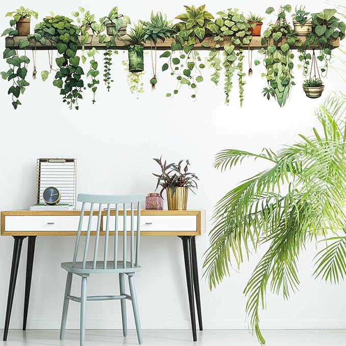 Nature Green Plants Peel and Stick Wall Decals Wallpaper, Removable Wall Decals Shelves Green Plants Vinyl Art Wall Stickers & Murals for Living Room Kitchen Bathroom Decoration (A-Green) - Image 2