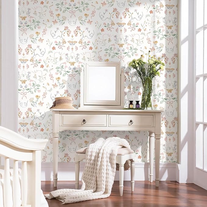 Peel and Stick Wallpaper for Nursery White Cute Bow Leaf Waterproof | 196"×17.3" Colorful Butterfly Wallpaper Cute Accent Wall Decor with Grid Lines for Bedroom Vinyl Self-adhesive - Image 4