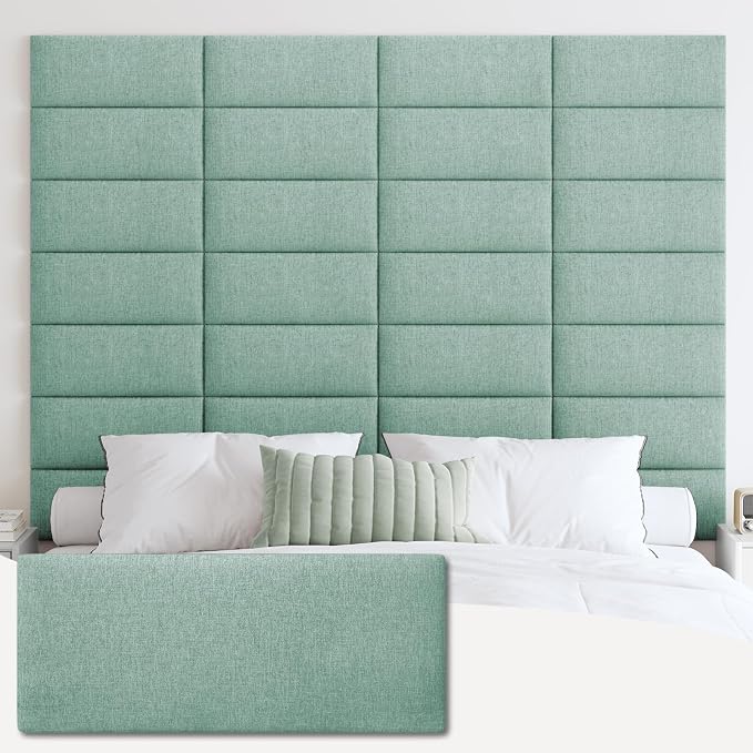 IFNOW Wall Mounted Headboard, Peel and Stick Panels, Grass Green, Queen | 3D Soundproof Acoustic Padding, Reusable and Removable, Tufted fabric Bed Headboard, for bedroom (9 Panels, 10" x 24") by IFNOW
